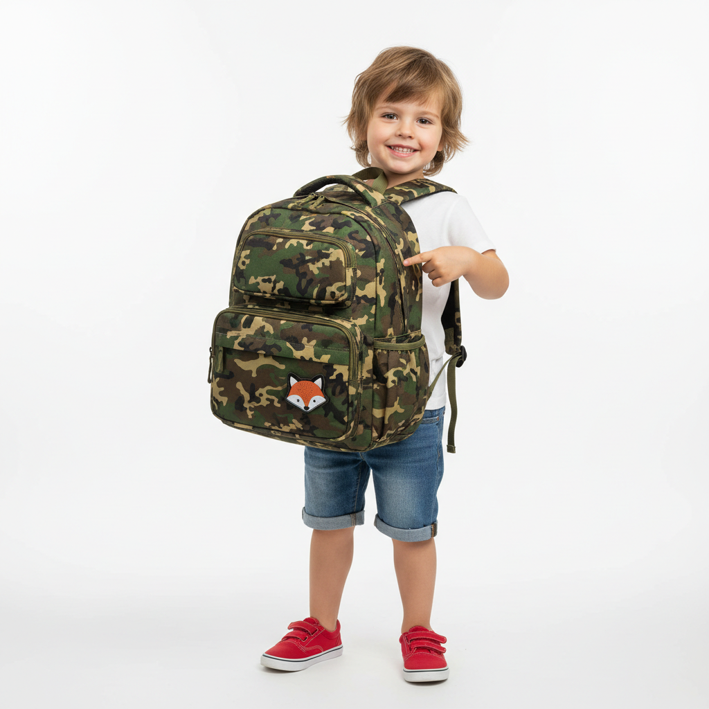 Child wearing camouflage bag