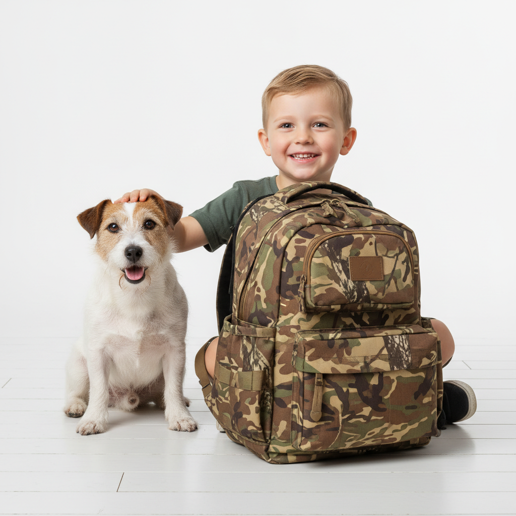 Child with camouflage bag and terrier