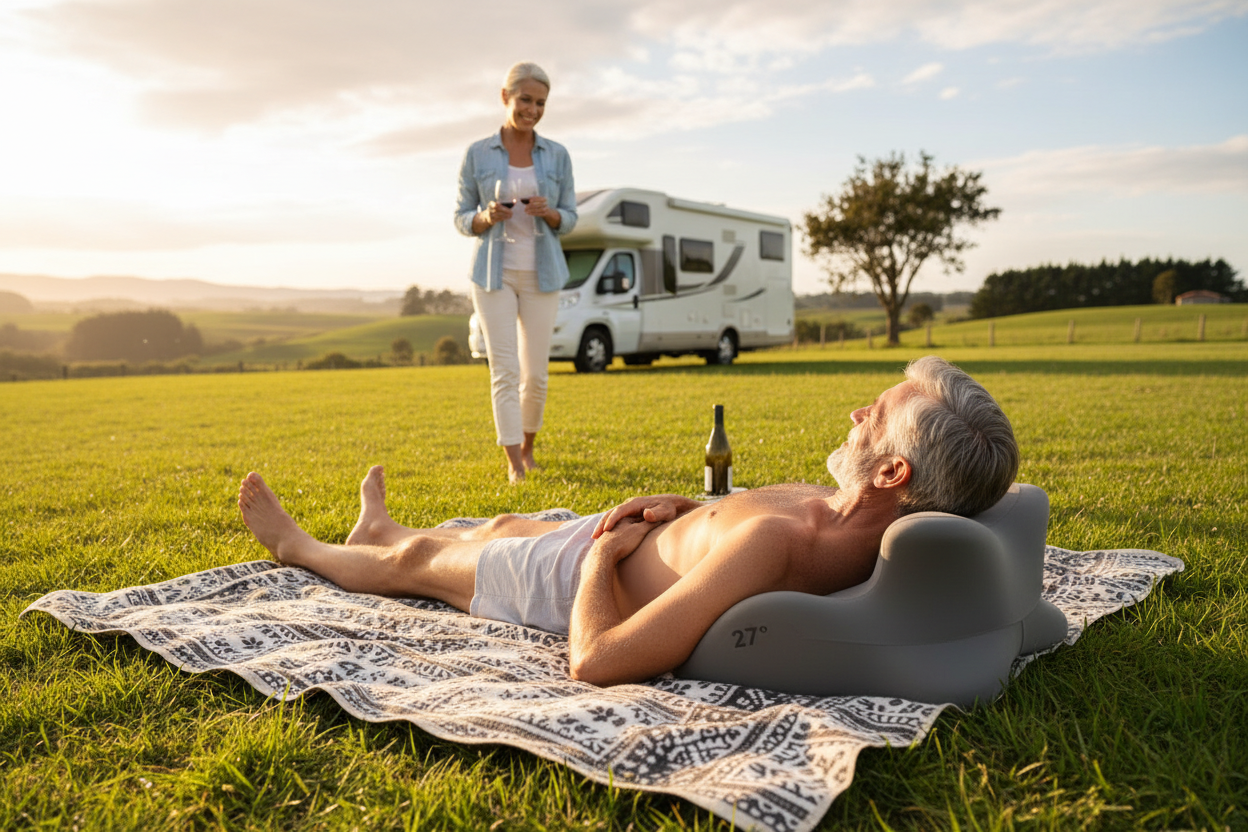 Grey-haired couple on blanket with pillow by RV