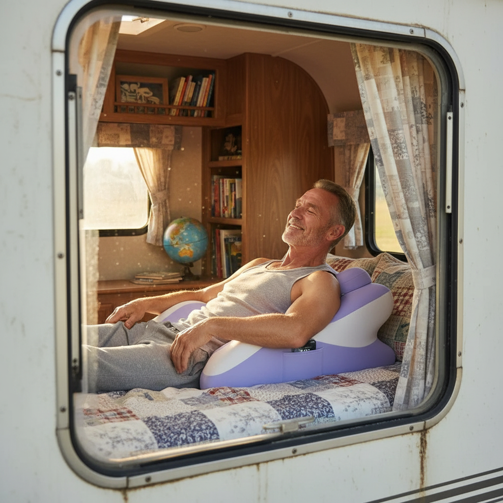 Man with correct pillow in RV - view through window