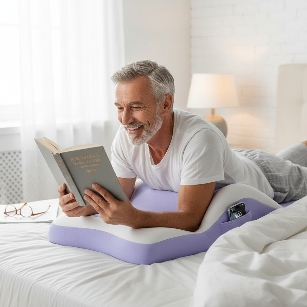 Older gentleman using reading pillow